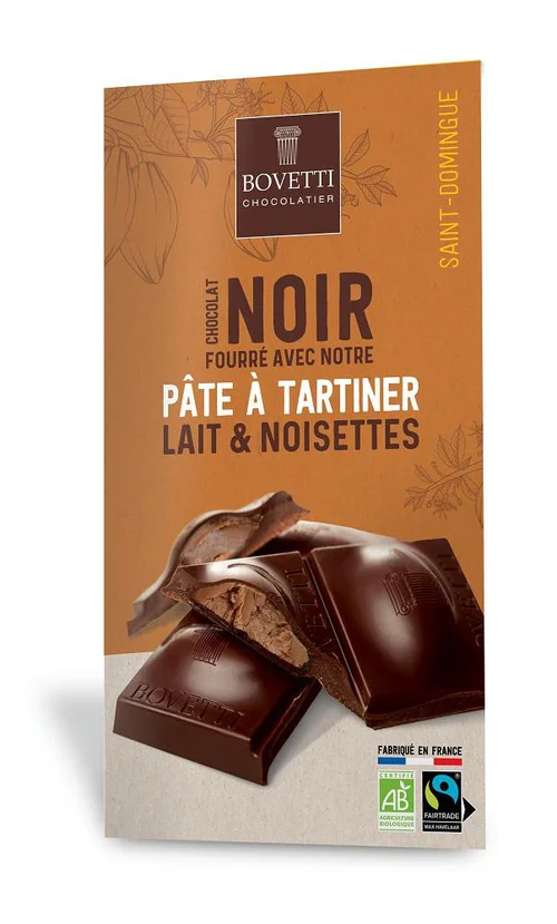 Chocolat noir pâte à tartiner chocolat au lait noisettes Bio Bovetti - 100 g
