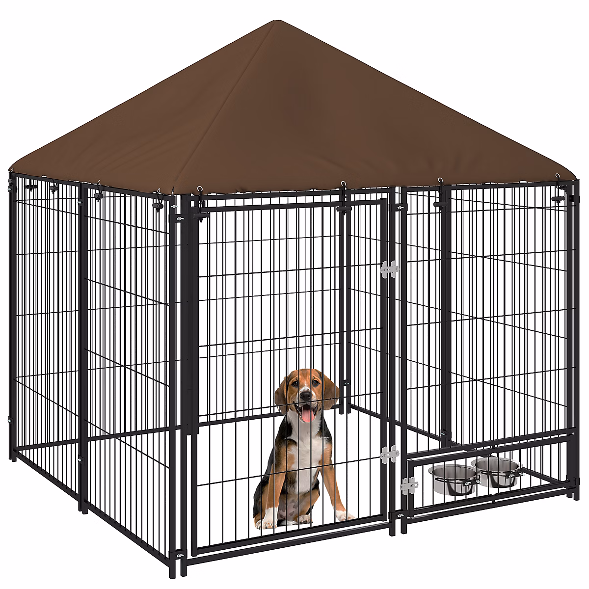 Rongeur – Chenil extérieur chien métal tissu avec support gamelle et toit dim. 141L x 141l x 151H cm noir marron
