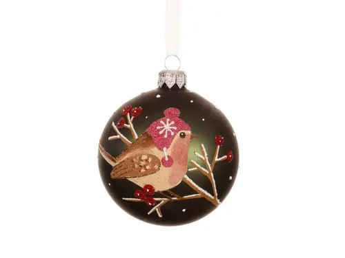 Boule en verre finition mate vert pin avec oiseau sur branche - Ø 8 cm