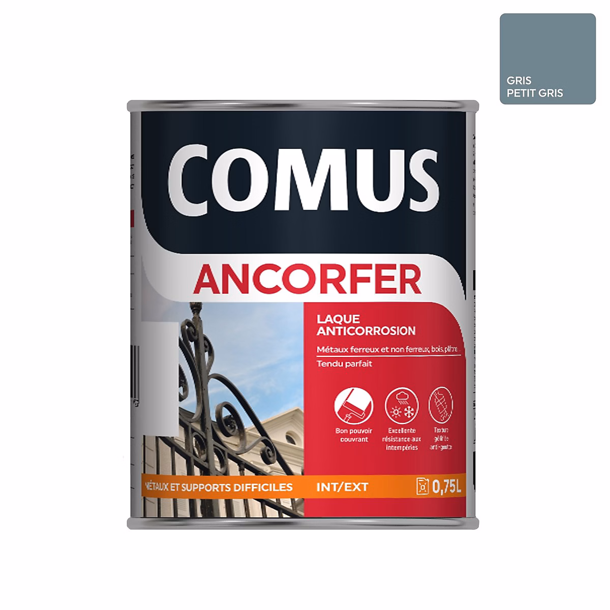 ANCORFER BRILLANT 0.75L Gris petit gris – Peinture, laque antirouille pour métaux et autres supports, COMUS