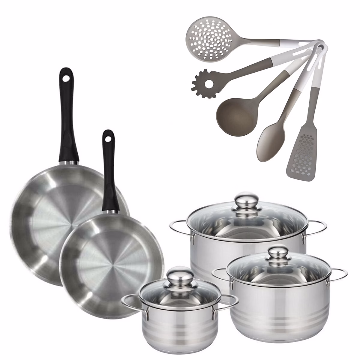 Matériel de cuisson – Batterie de cuisine avec 3 faitouts 16/20/24 cm et 2 poêles 24/28 cm et 5 ustensiles de cuisine Fackelmann Généva Brillant Vario