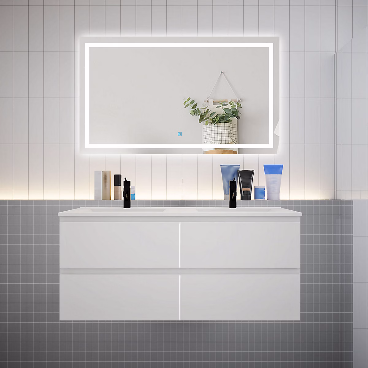 Ensemble meuble 2 vasque L.120cm 4 tiroirs + lavabo + LED miroir – blanc