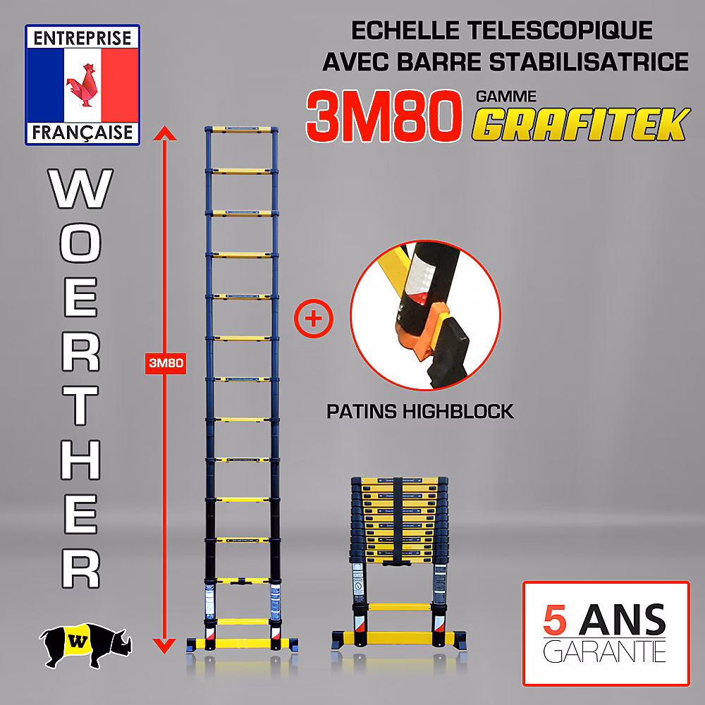 Echelle télescopique Woerther 3m80 avec barre stabilisatrice + Patins Highblock – Réf. FNPWLKTYM1805759178