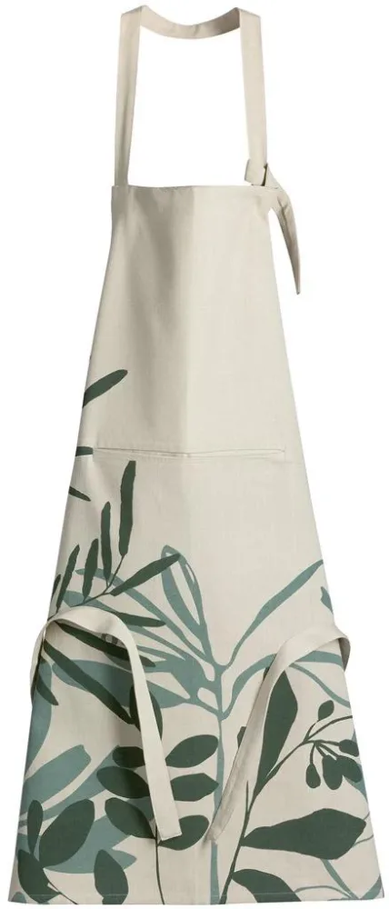 Tablier avec poche en coton motif végétal vert Majda - 72 x 85 cm