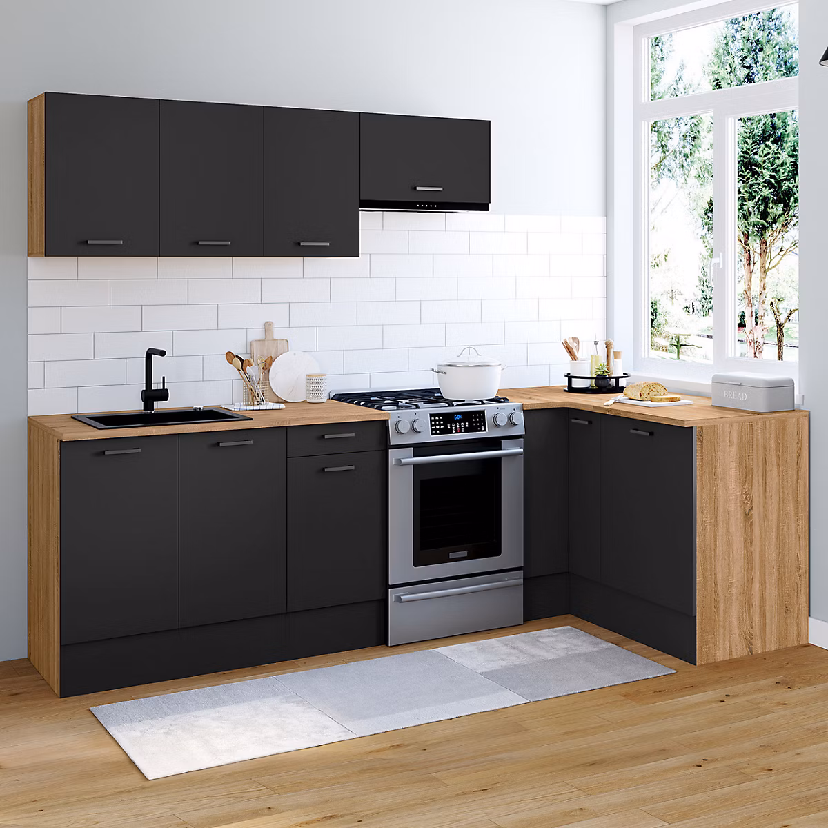 Cuisine complète d'angle 400 cm SUBTIL avec plan de travail 7 élements bois et noir | Cuisine