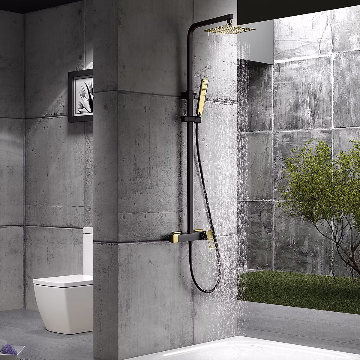 Colonne de douche noireor et acierottone avec mitigeur monocommande et douchette extensible | Colonne de douche