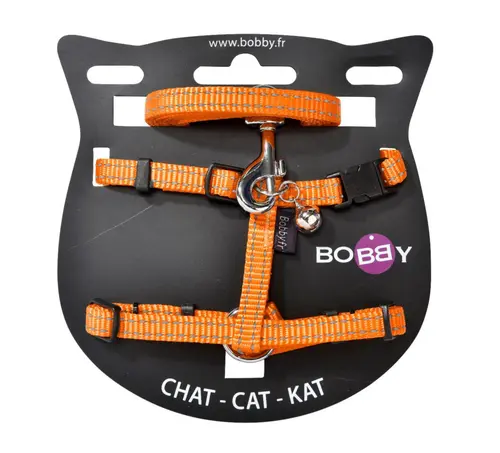 Ensemble sellerie pour chat coloris orange en nylon harnais et laisse Bobby Safe - Taille XS