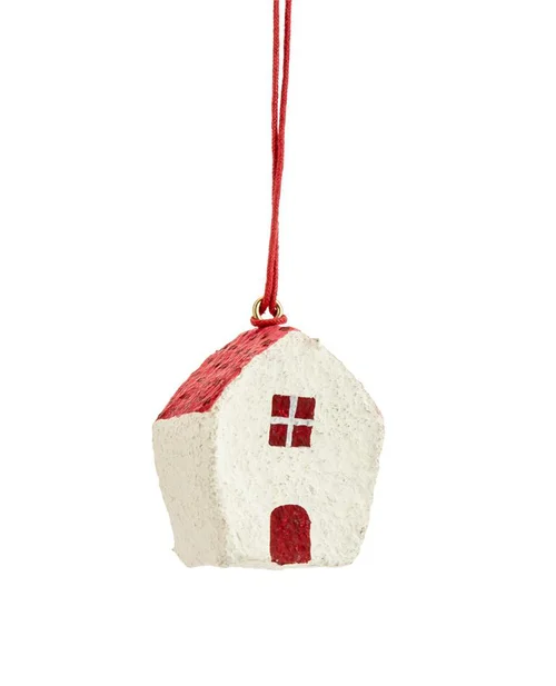 Suspension décorative maisonnette coloris rouge en coton maché - 5 x 2,5 x 4,5 cm