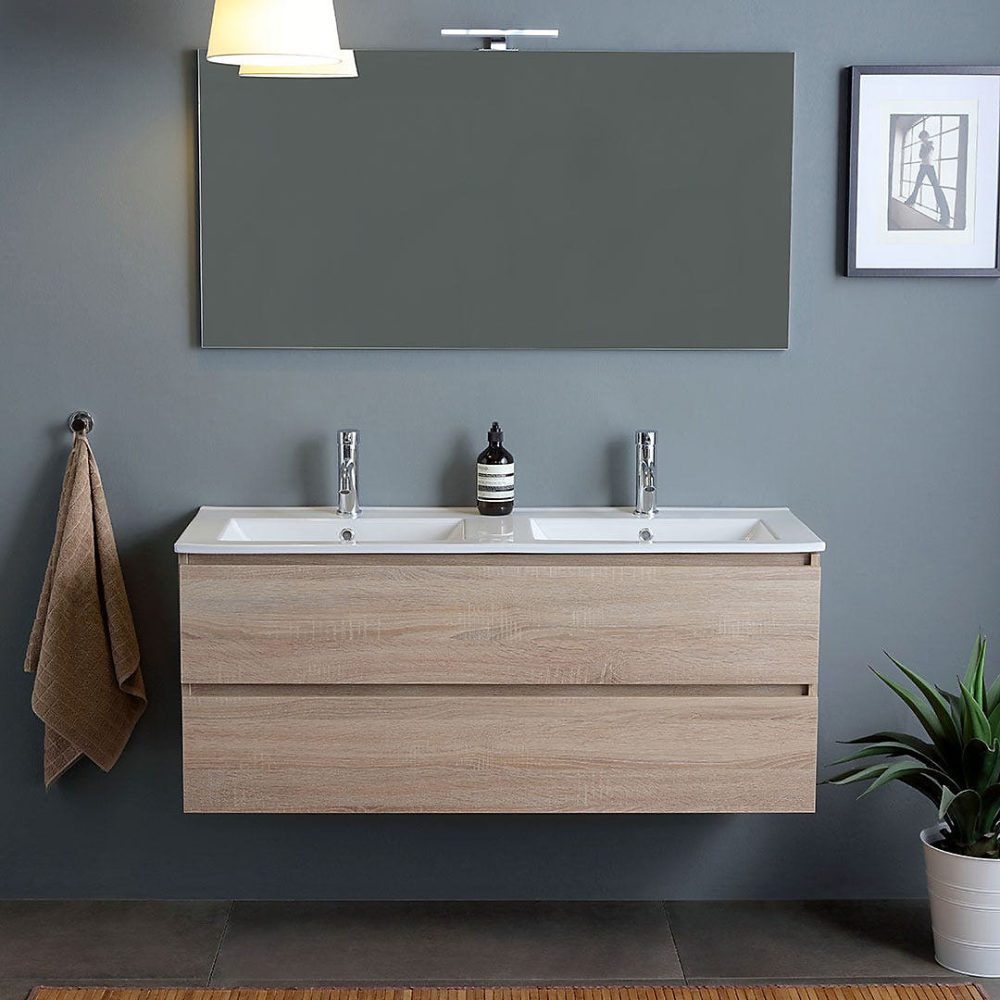 Armoire Murale À Double Vasque Pour Salle De Bain Avec Tiroirs En Chêne Naturel 120Cm – Berlin