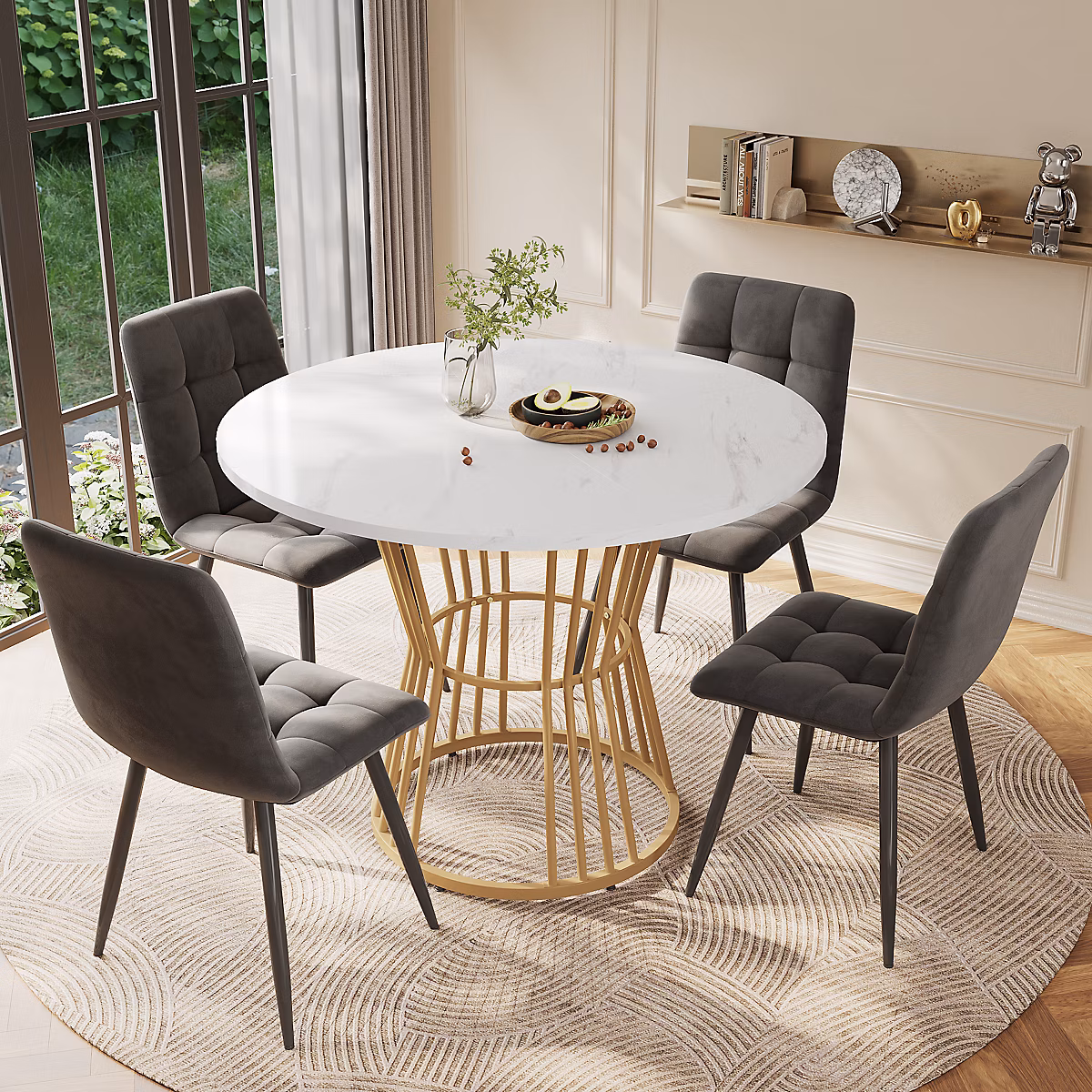 Ensemble table et chaises 100 × 75 cm avec 4 chaises – table ronde MDF marbré, pieds métal doré, chaises velours