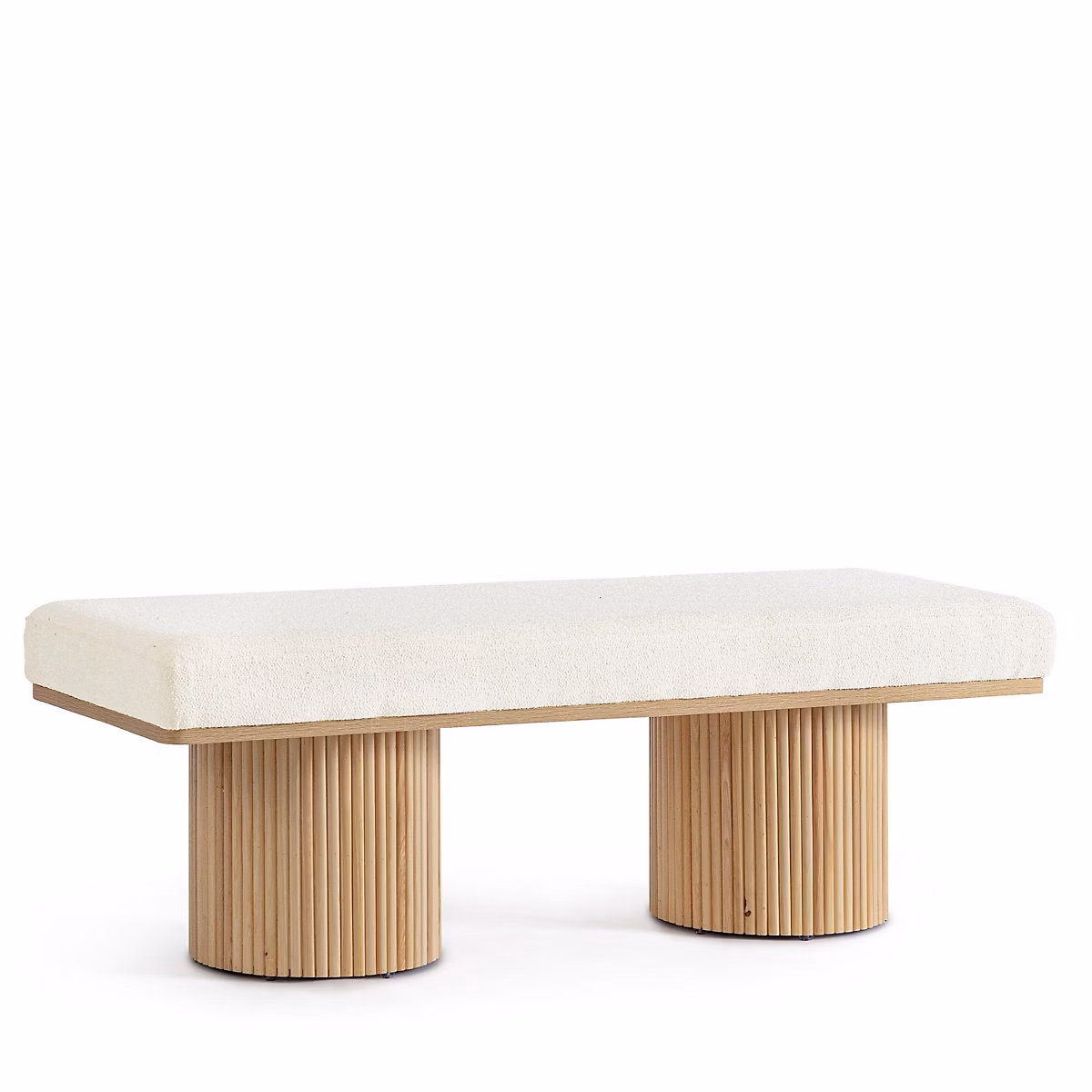 Banc 2 places en bois clair et tissu bouclette écru L120 – FLORIAN