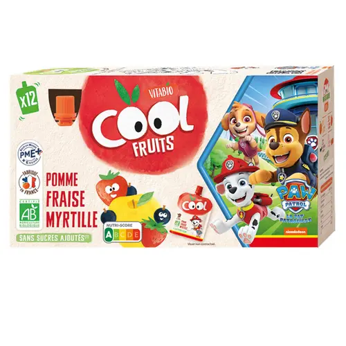Pack de 12 gourdes de purée de fruits pomme fraise myrtille Vitabio Pat’ Patrouille - 12 x 90 g