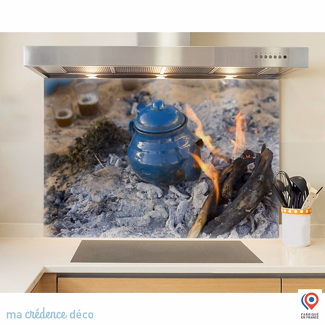 Crédence cuisine fond de hotte Théière et desert – Verre trempé, L 60 cm x H 45 cm, MaCrédenceDéco