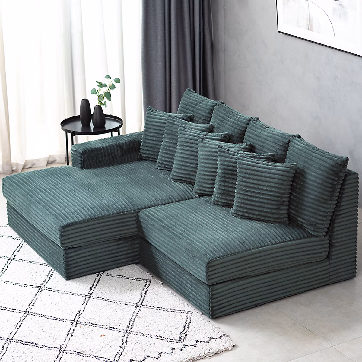 Canapé d'angle 2 – 3 places assise profonde en velours côtelé vert CARDIFF
