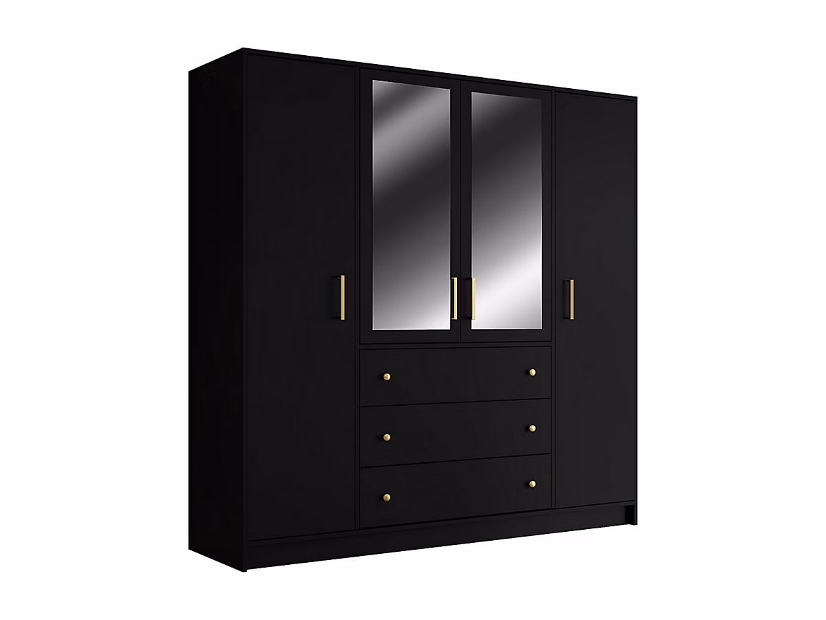 Armoire 4 portes et 3 tiroirs – Avec miroirs | L196 cm | Noir | LIZANDRO