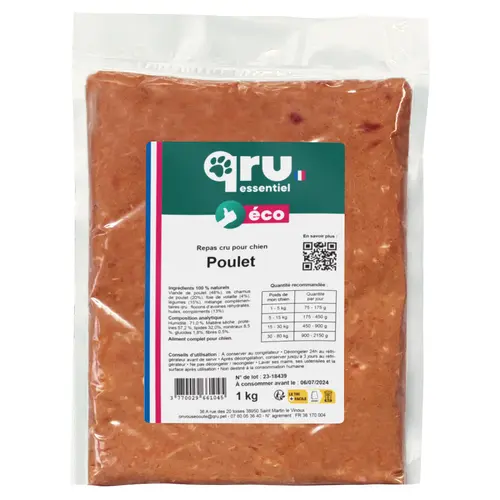 Aliment cru pour chien repas poulet Qru Essentiel congelé - 1 kg