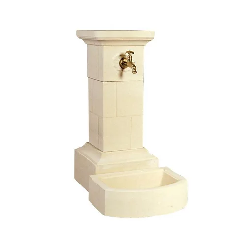 Fontaine borne à colonne carrée en pierre reconstituée ton blanc Hairie Grandon - 95 cm