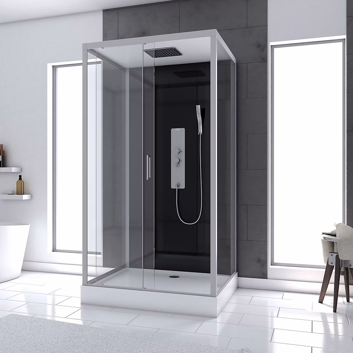 Cabine de douche Hydromassante 110 × 80 × 215 cm – Fond Noir et Profilés Gris | BLACK STYLE