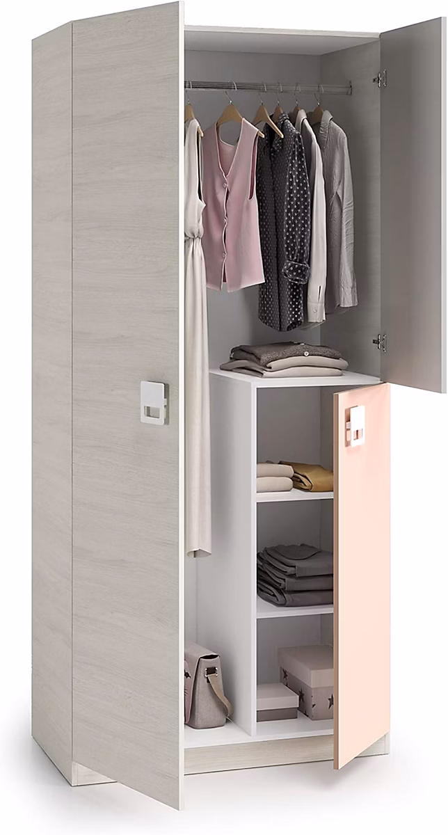 Armoire enfant avec 2 portes coloris blanc alpes / rose – 200 × 90 × 52 cm