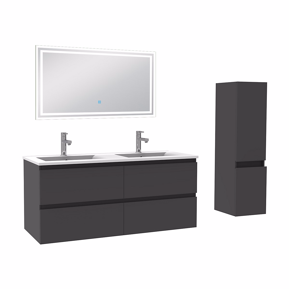 Ensemble meuble de salle de bain 120cm – vasque céramique + colonne + LED miroir rectangulaire, anthracite