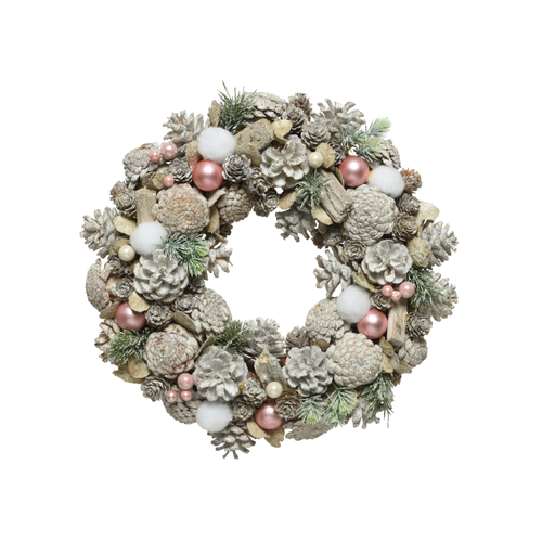 COURONNE DE NOËL GIVRÉE AVEC DÉCORATIONS ROSES - ∅34CM