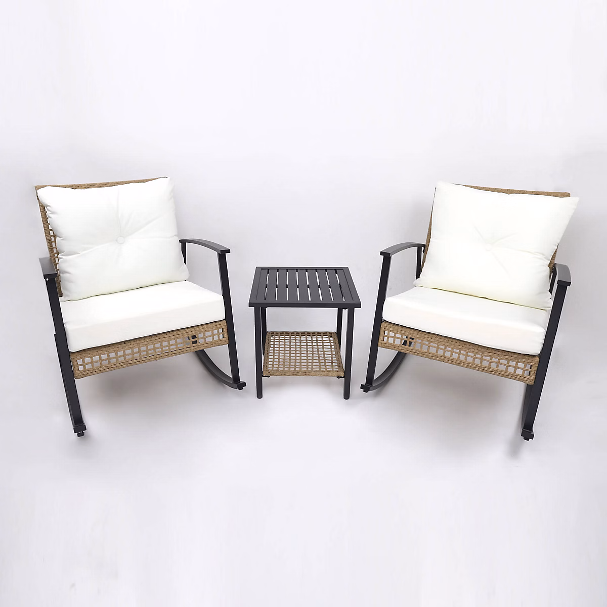 Chaises à Bascule avec Table Rebecca Mobili Niangon 88x66 – 5x90 Acier Polyrotin Marron Noir ENSEMBLE 3 pcs