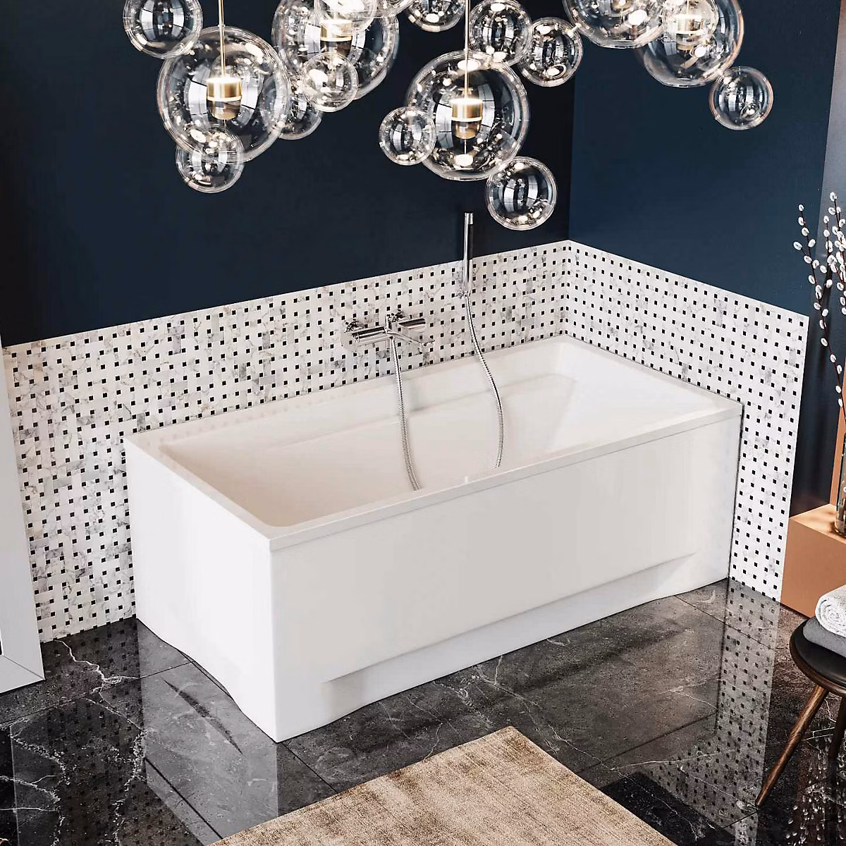 Baignoire rectangulaire 160 × 75 ELZA acrylique blanc + avec Tablier + Pieds + Vidage à chromé
