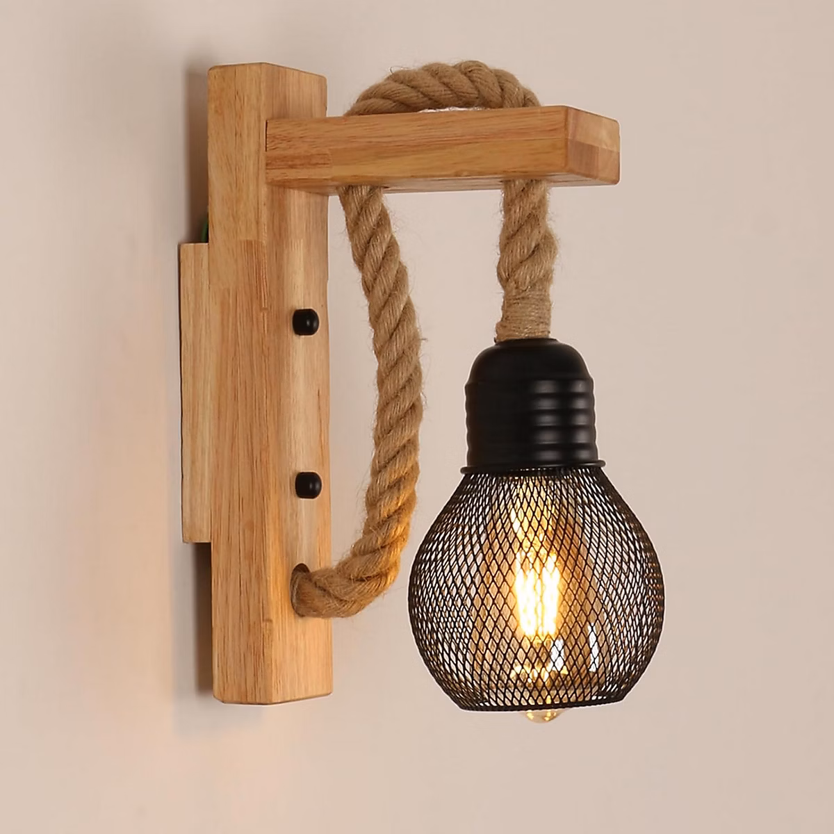 BASHLWUA Applique murale en bois de style campagnard – abat | jour cage en métal noir E27 | applique murale d'intérieur en bois de cor