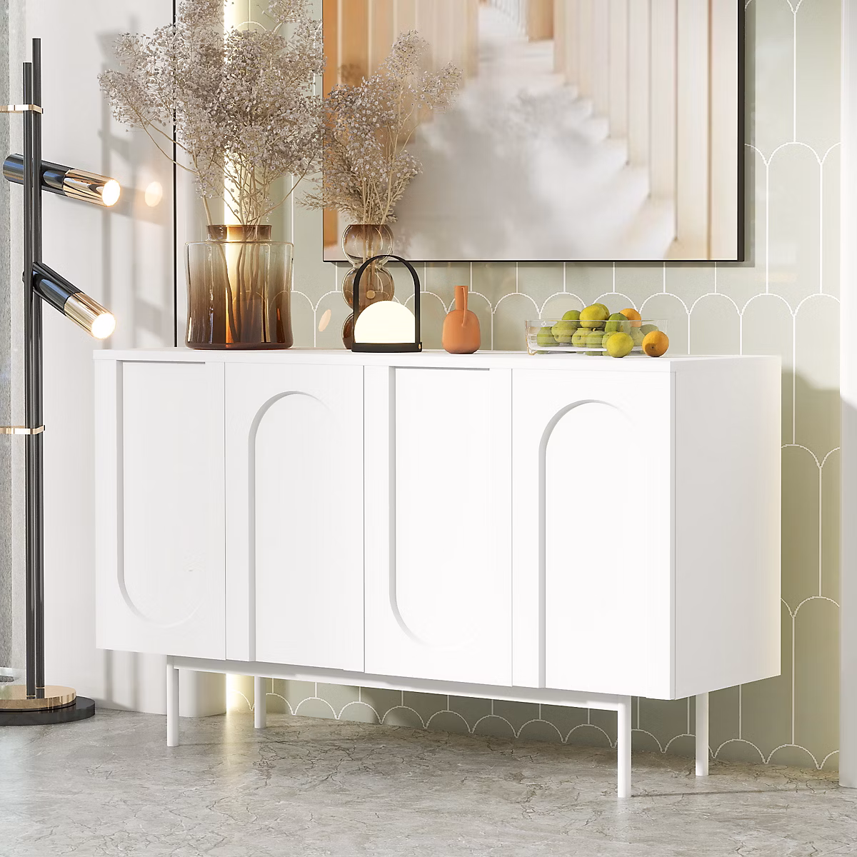 Meuble – Buffet blanc en MDF avec 4 portes à motif arche et pieds métal