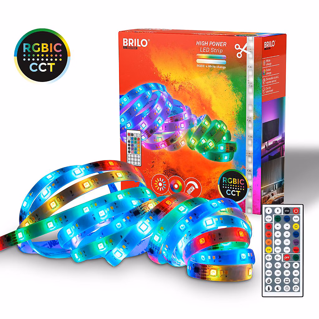 Briloner Ruban LED 5m – RGB IC changement de couleur dynamique, CCT, télécommande, dimmable, Smart, autocollant, blanc, 500 × 1 cm