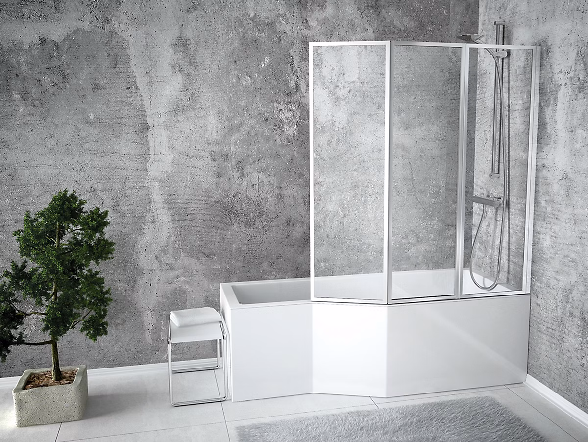 Baignoire asymétrique 170 × 75 Droite INTEGRA acrylique blanc + avec Tablier + Écran + Pieds + Vidage à chromé