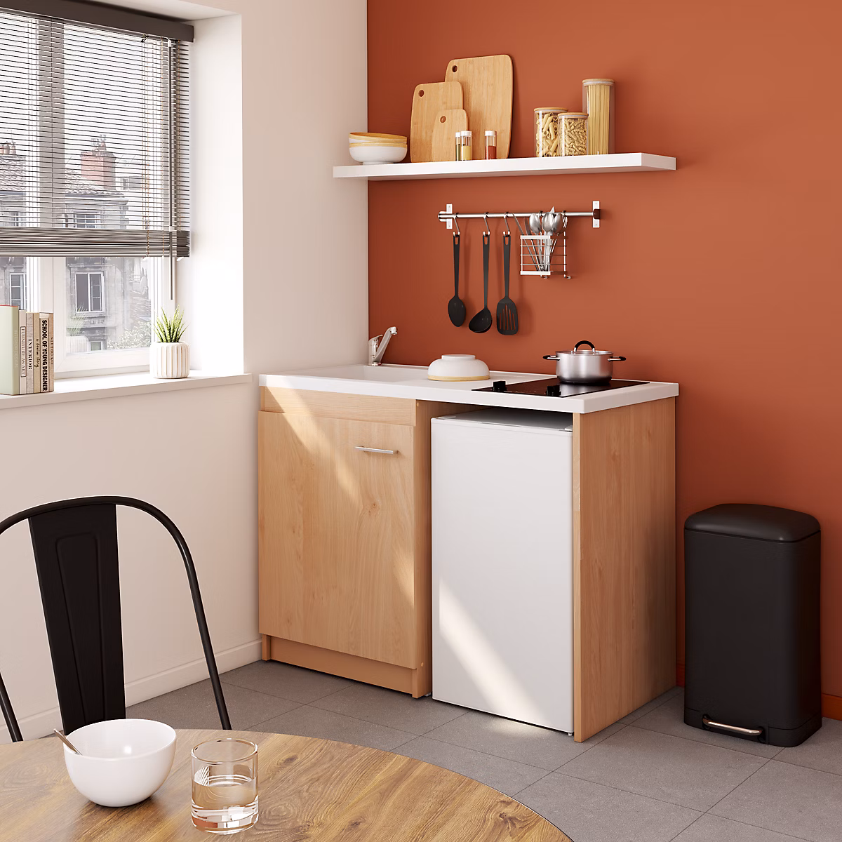 Kitchenette complète vitrocéramique décor chêne H. 94 – 5 x l. 120 cm