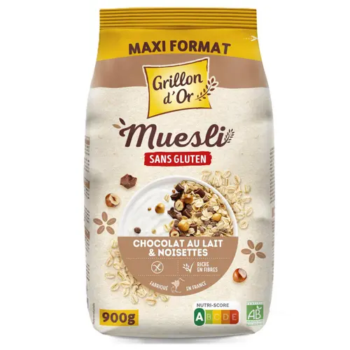 Muesli chocolat au lait noisettes sans gluten bio Grillon d'Or - 900 g