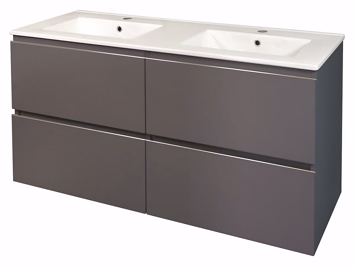 Meuble sous vasque à suspendre 4 tiroirs l.121 | 5 cm avec plan double vasque céramique – gris mat – Ondee Trendy