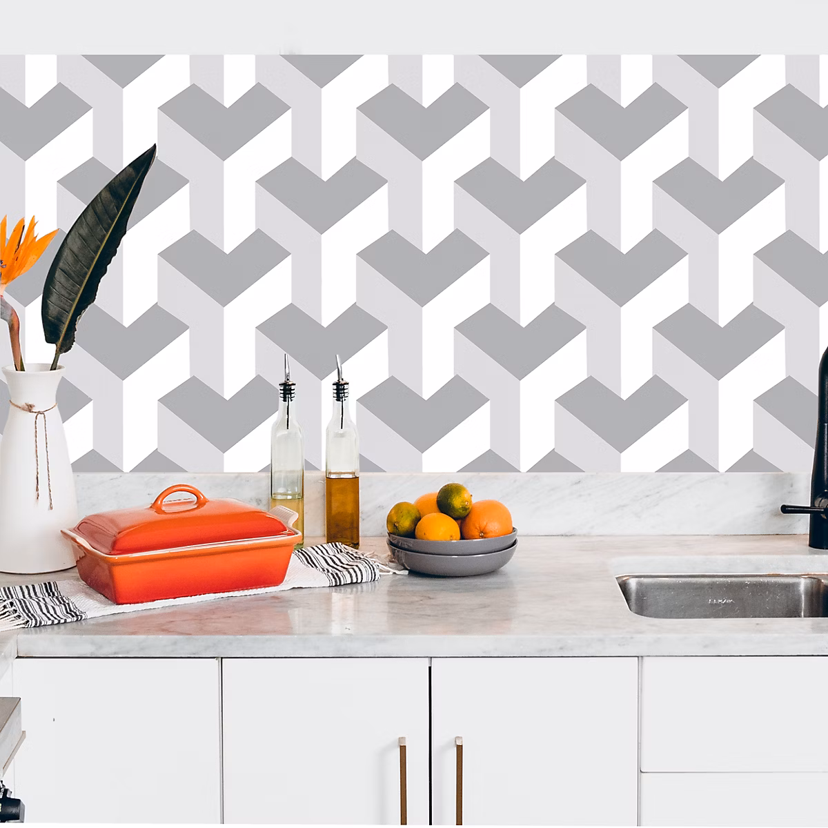 Crédence adhésive design 3D gris et blanc 303 – 50 × 200cm