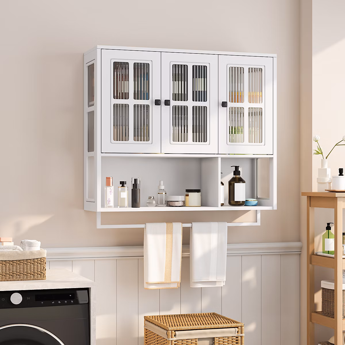 Armoire Murale | Meuble Murale de Salle de Bain – 3 Portes – Étagères Ouvertes – Porte – Serviettes – MDF et Verre – Blanc – 88x26x77 – 5 cm