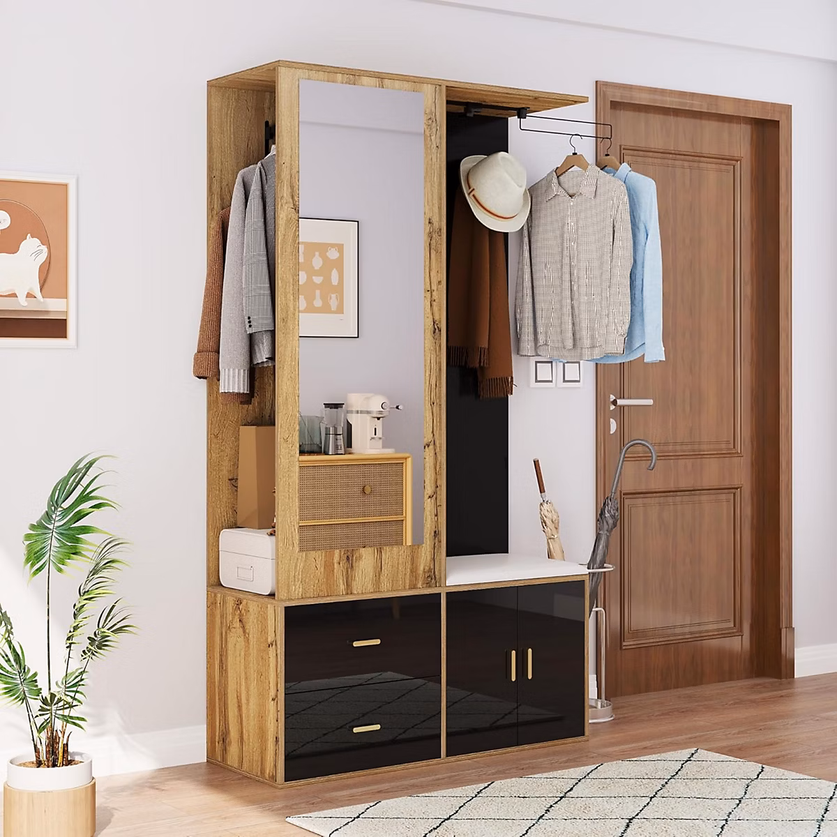 Ensemble armoire élégant noir et bois avec miroir | meuble à chaussures – banc avec crochets et porte – pantalons extensible