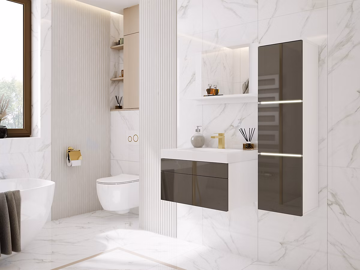 Ensemble Meuble Salle De Bain | Blanc Mat – Gris Brillant – 90 × 110 Cm