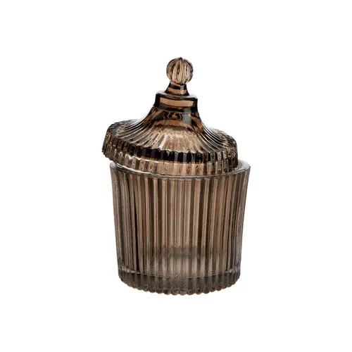Boîte ronde décorative en verre fumé marron strié - Ø 9,5 x H 15 cm