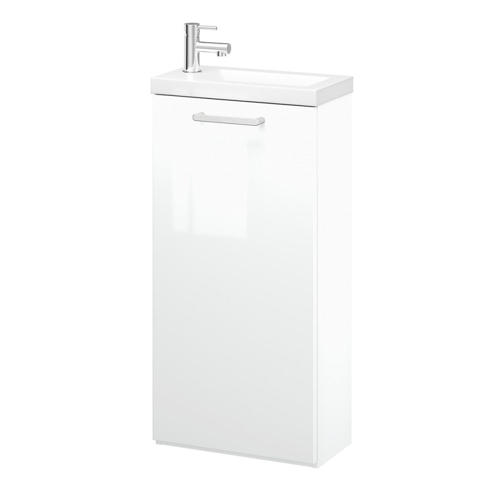 Meuble lave mains à poser blanc brillant l.43 – 5 cm 1 porte Imandra + plan vasque blanc résine Beni | GoodHome
