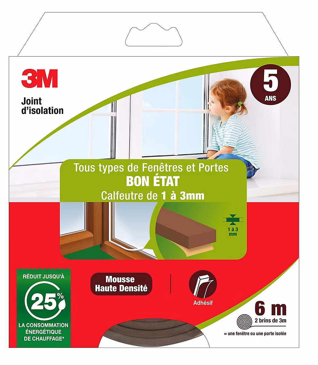 Isolation – Joint mousse porte et fenêtre bon état 3M Classique 1 à 3 mm marron L.6 m