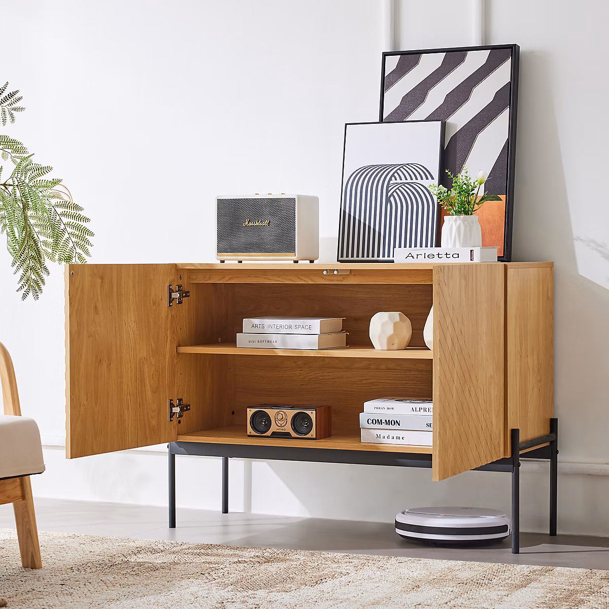 Meuble – Buffet 100 cm coloris naturel avec 2 portes et pieds métal