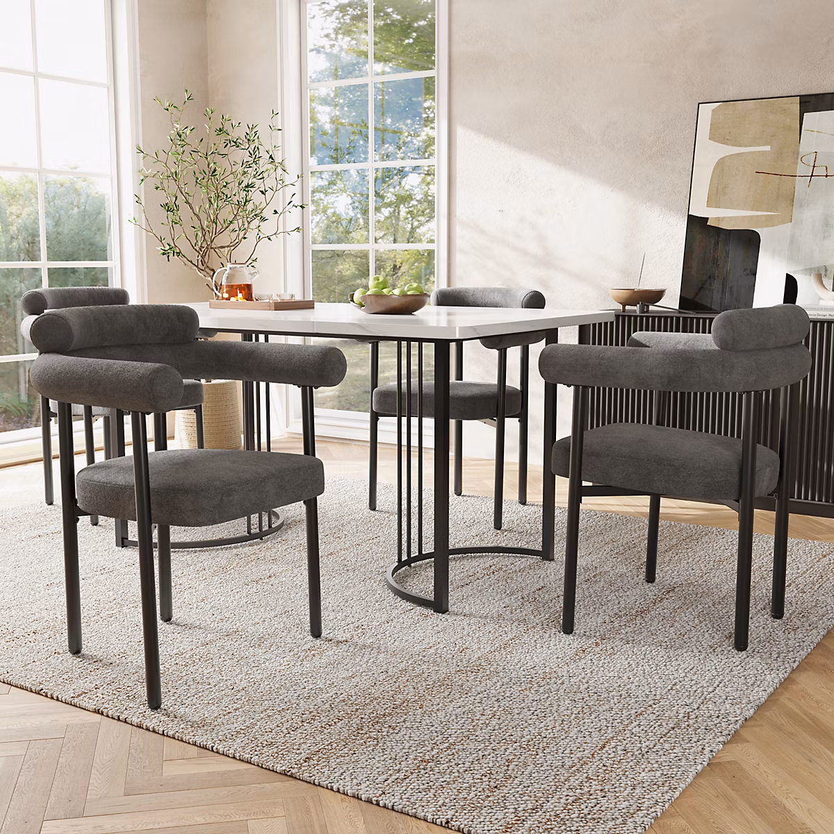 Chaises de Salle à Manger – Lot de 4 Chaises Modernes en Flanelle avec Siège Circulaire et Dossier Haut, Gris Foncé