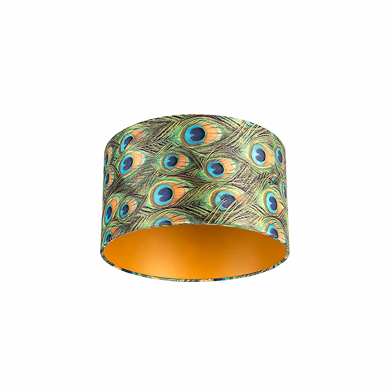 Abat – jour en velours motif paon 35/35/20 avec intérieur doré