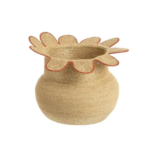 Panière ronde en osier naturel avec décor fleur bordé de rouge - Ø 32 x H 25 cm