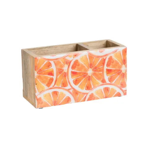 Porte-ustensiles en bois de manguier à décor orange - 20 x 10 x 8 cm