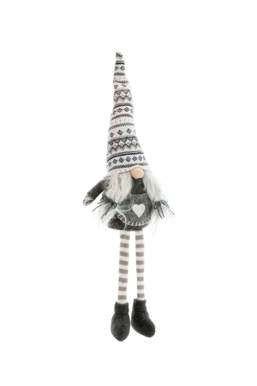 Gnome fille assise en tissu avec bonnet à motifs et longues jambes - 18 x 10 x 64 cm