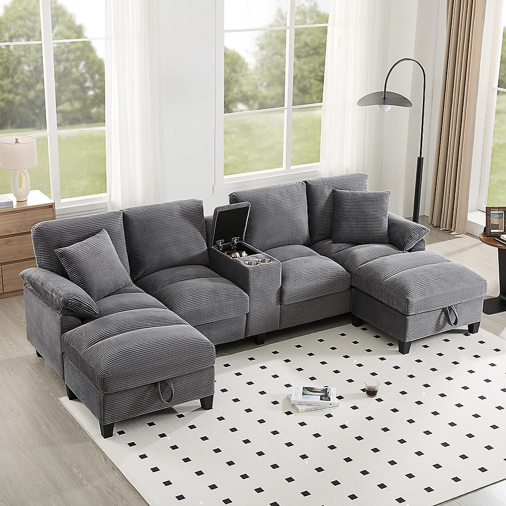 Canapé 4 places en U avec rangement – tissu velours côtelé, porte-gobelets acier inoxydable, deux ports USB, adapté salons
