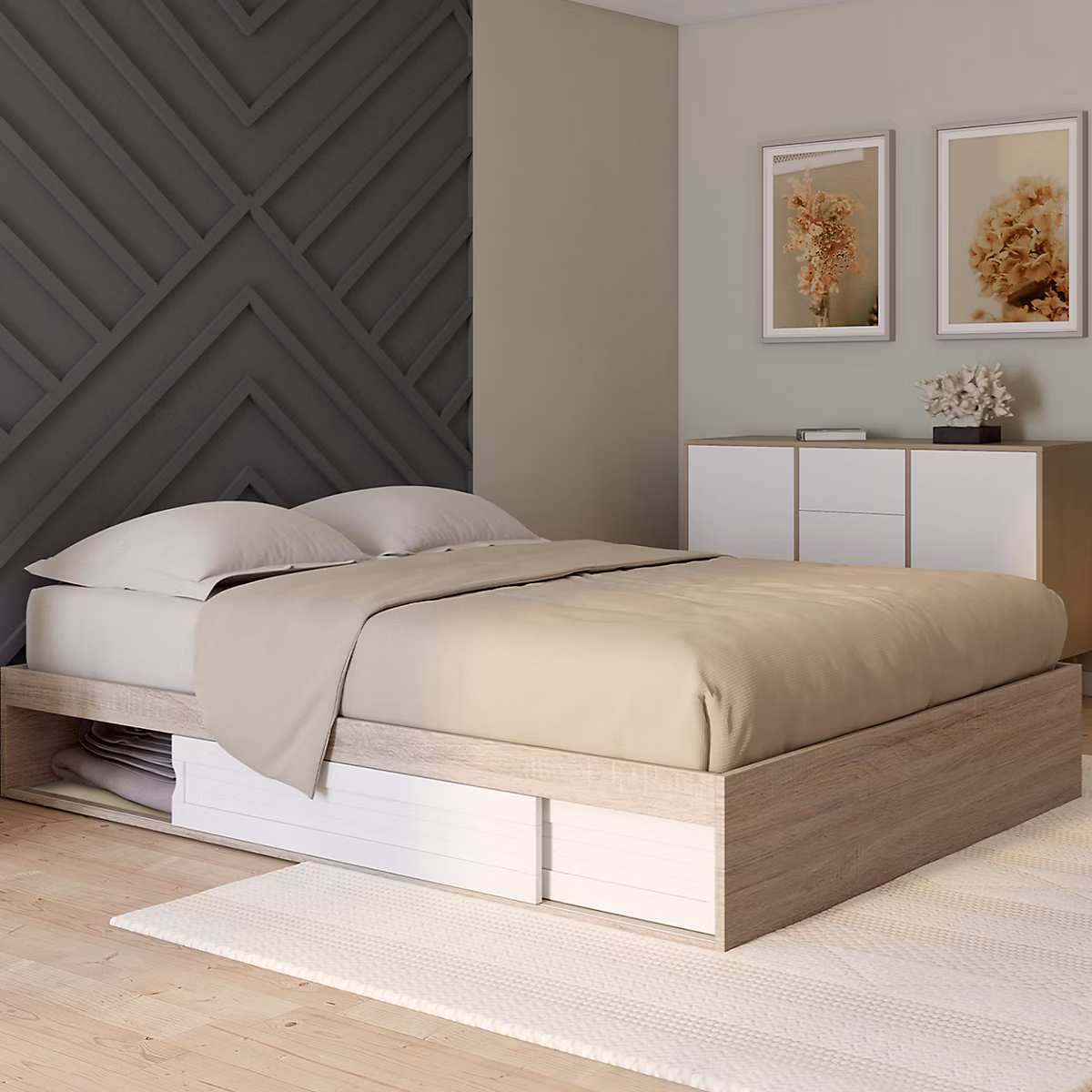Cadre de lit double SALEM avec rangements et sommier 140 × 190 cm façon hêtre et blanc