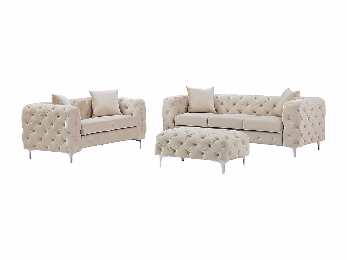 Canapé 3 places – 2 places et pouf chesterfield en velours beige EDWINA